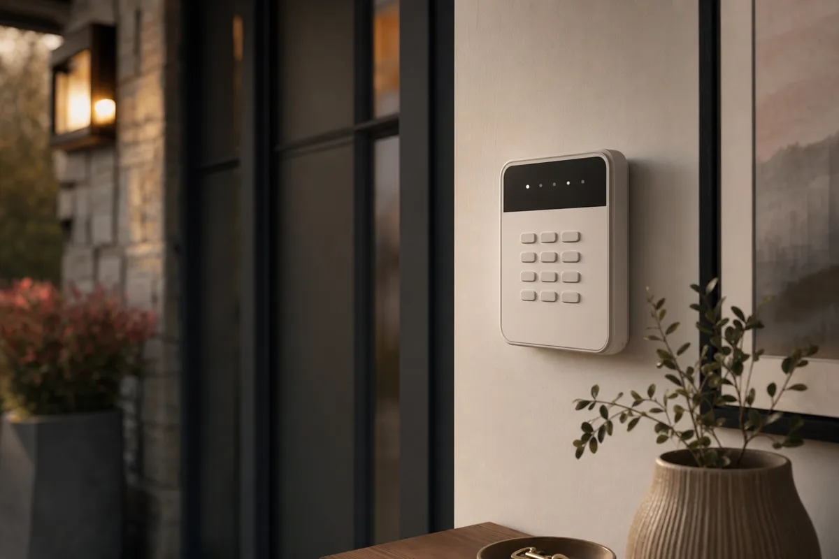 Clavier de système d'alarme installé dans une entrée résidentielle