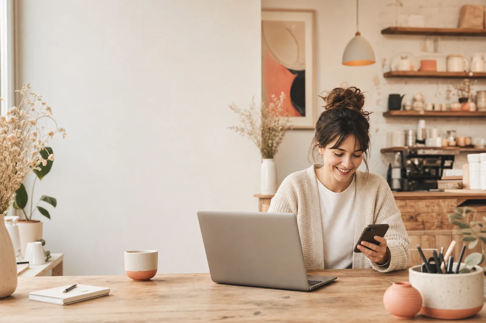 Travailleuse autonome dans son café-atelier, portable ouvert