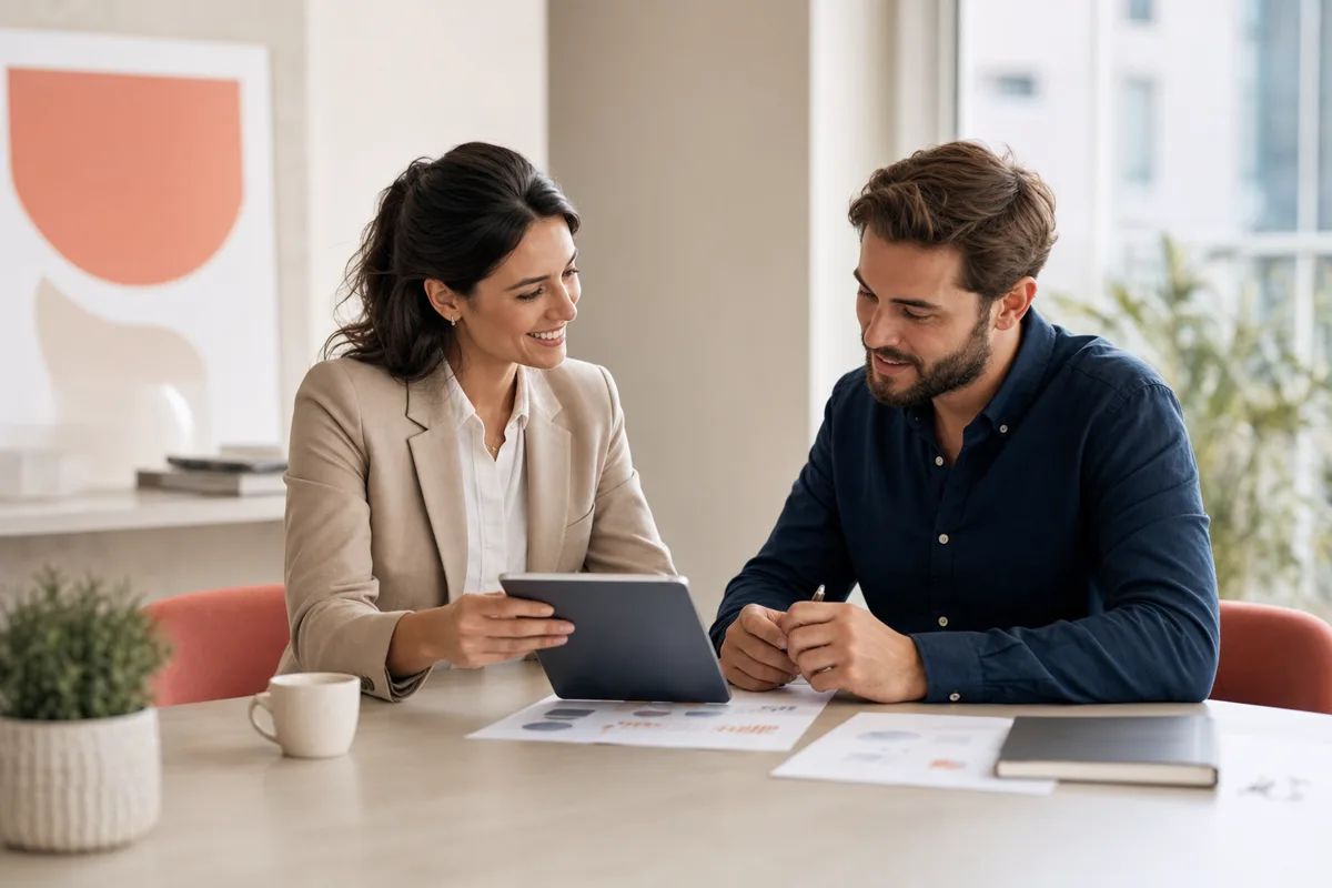 Conseiller CB Telecom comparant des offres télécom avec un client attablé
