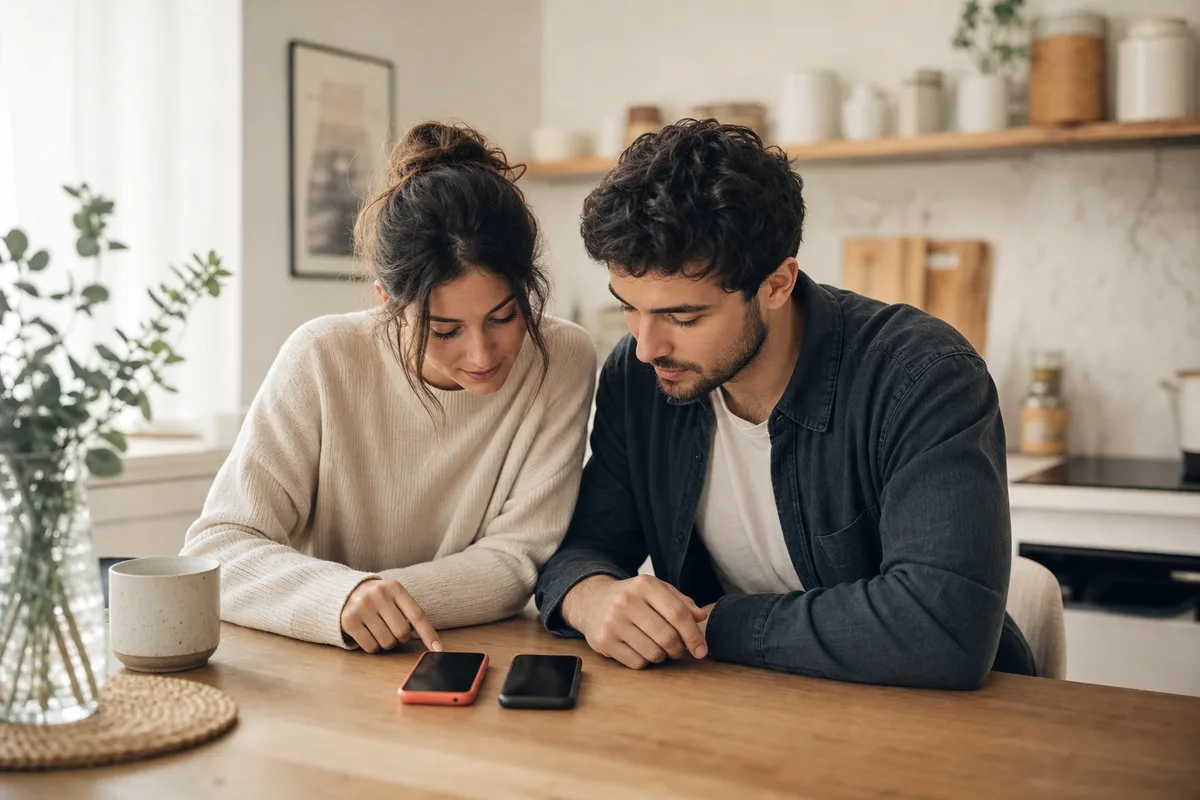 Couple comparant des forfaits cellulaires sur leurs téléphones à la cuisine
