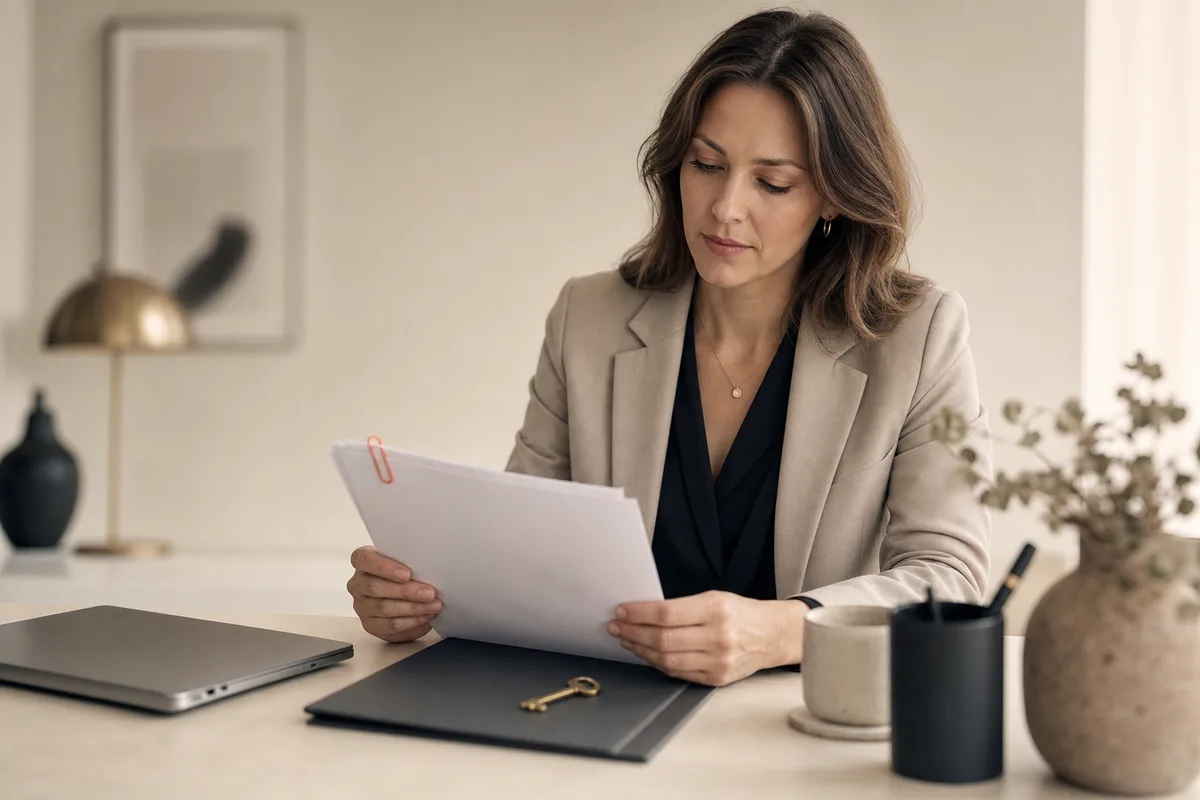 Professionnelle examinant attentivement des documents personnels à son bureau