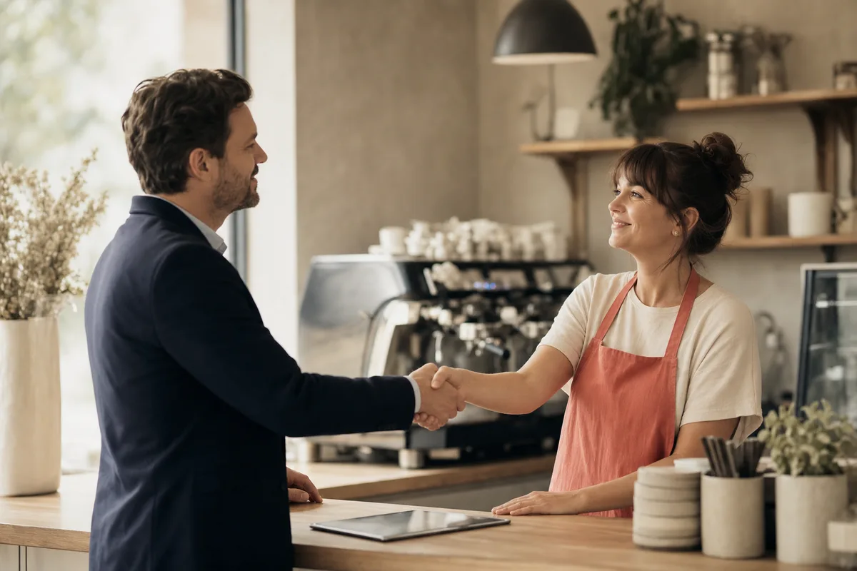 Conseiller CB Telecom serrant la main d'une propriétaire de café