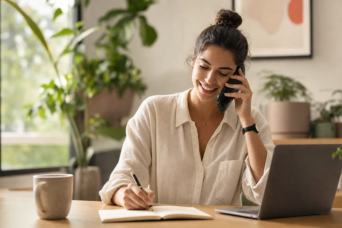 Conseillère CB Telecom au téléphone, prête à préparer votre soumission