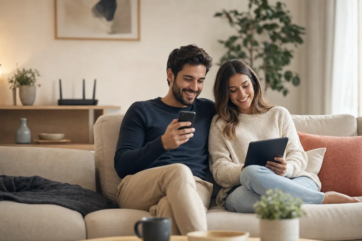 Couple au salon combinant cellulaire et tablette avec routeur maison, crédits multiservices