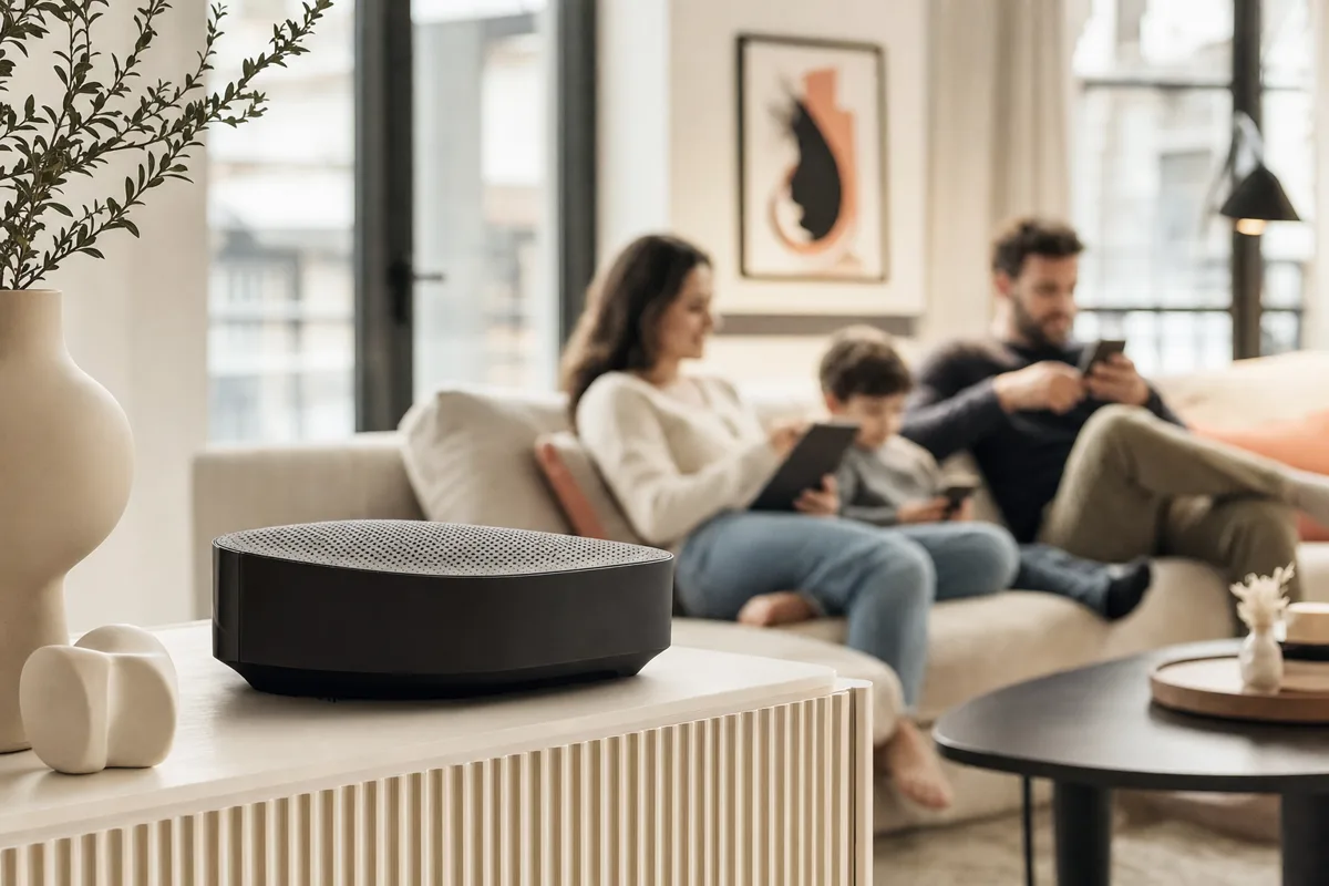 Famille branchée au salon grâce à la fibre optique résidentielle