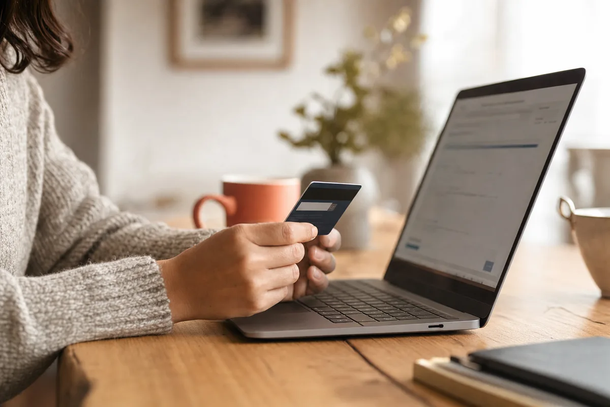 Cliente réglant sa facture en ligne, carte en main devant son portable