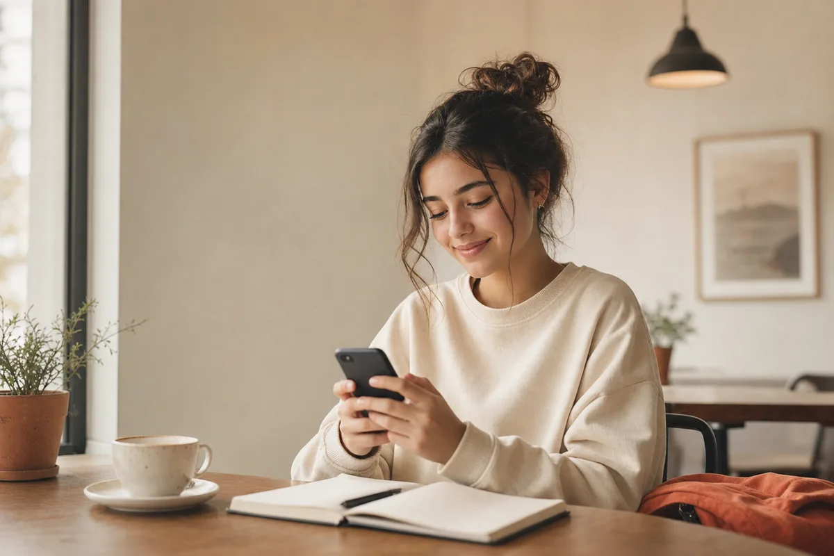 Étudiante au café textant sur un cellulaire simple, forfait abordable pour petits usages