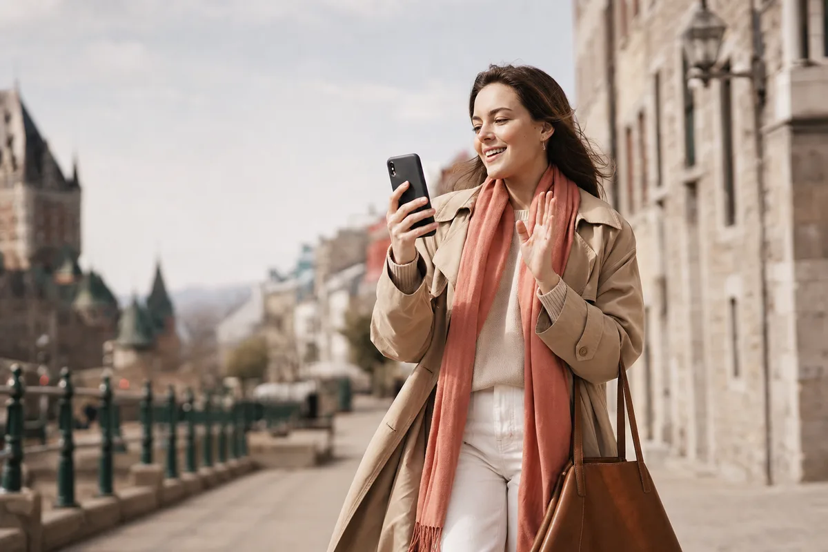 Femme marchant dans une rue de Québec en pleine conversation vidéo sur son cellulaire, couverture réseau fiable
