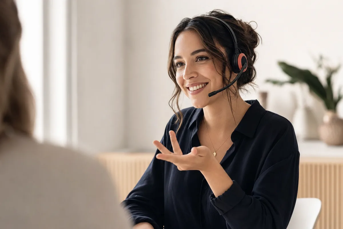 Agente de soutien CB Telecom au casque d'écoute, en pleine conversation avec un client