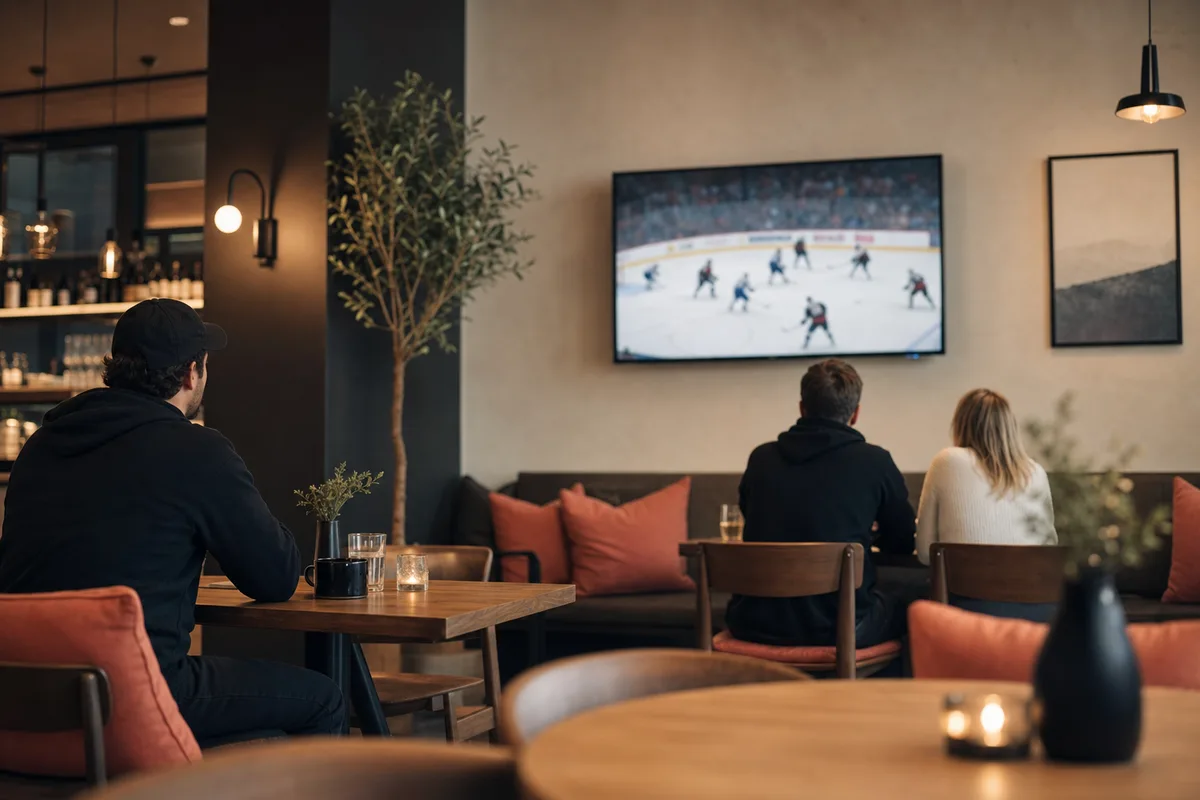 Clients d'un restaurant regardant un match sur une télé murale commerciale