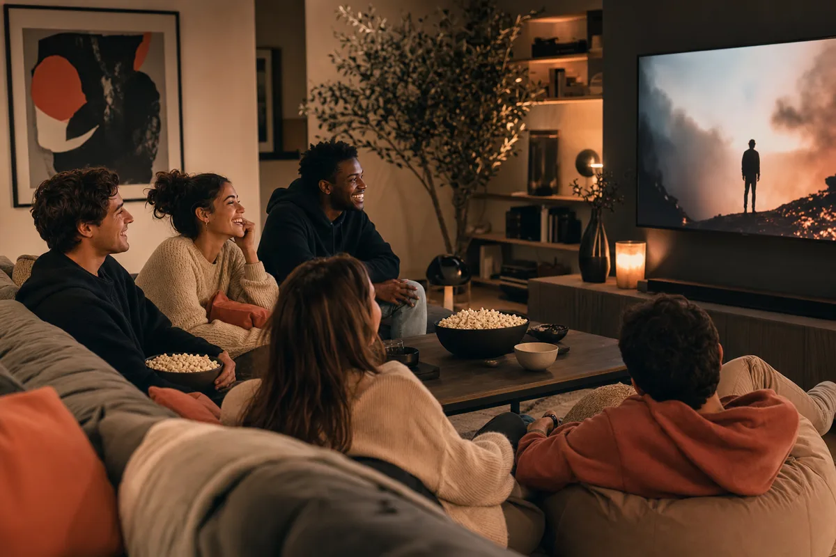Soirée cinéma en famille devant la télévision 4K au salon
