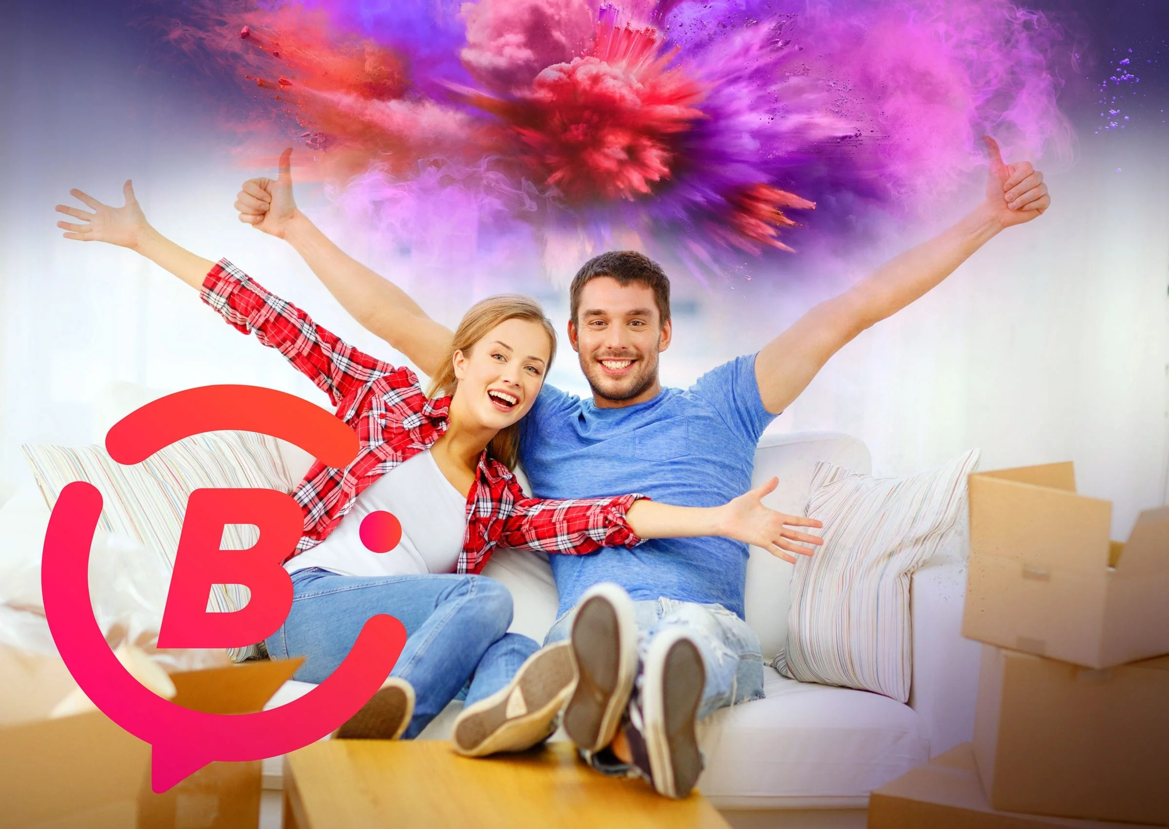 Couple en plein déménagement, profitant de nos services d'internet et téléphonie résidentielle pour une transition facile.